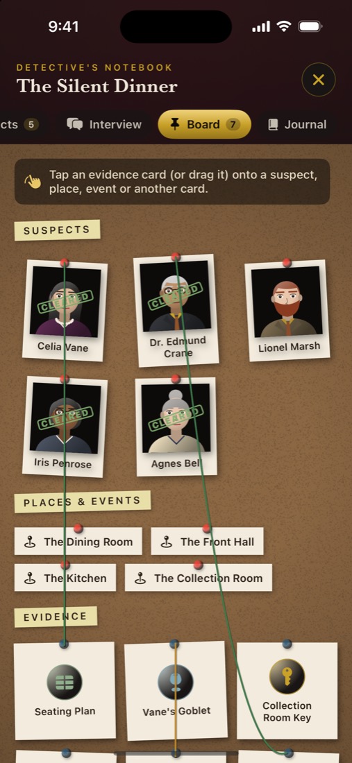 The detective's cork board with suspect photographs, places and evidence cards joined by string