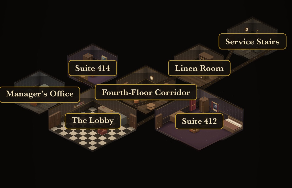 A miniature map of the Grand Meridian Hotel showing the lobby, corridor, suites, linen room and service stairs