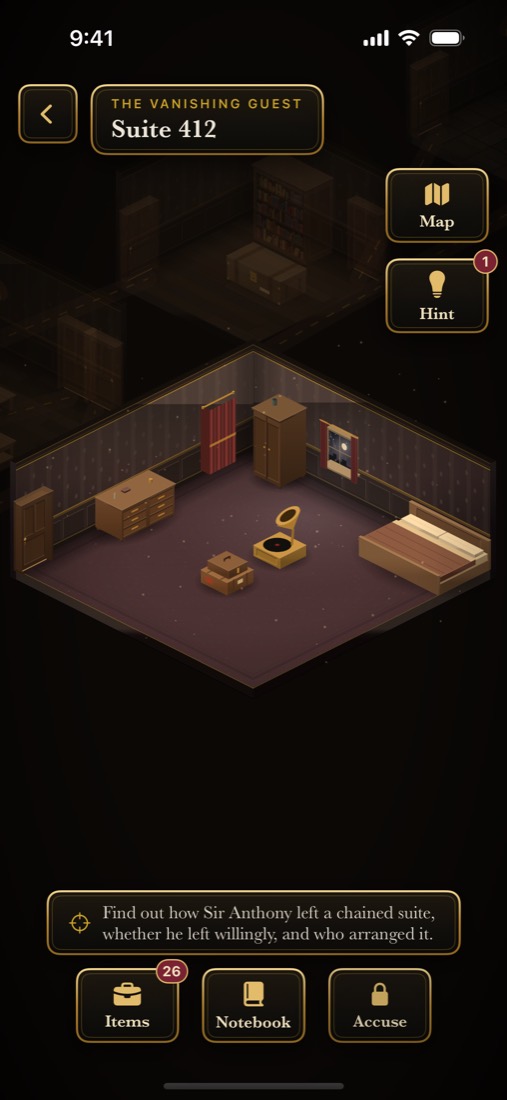 An isometric hotel suite with a wardrobe, bed and gramophone, the case objective shown below