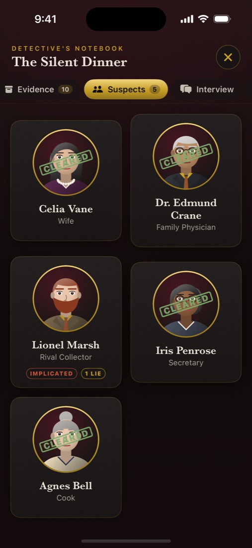 The suspects page of the detective's notebook